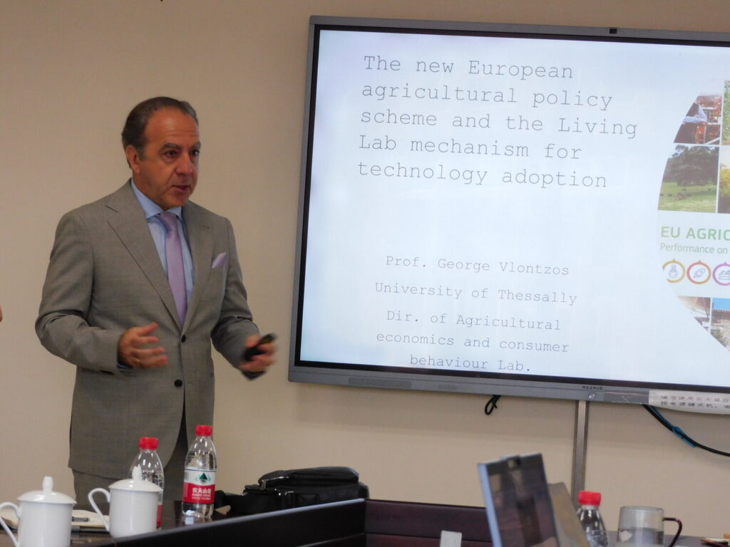 Prof. George Vlontzos presenting the European agricultural policy scheme and the Living Lab mechanism at Renmin University of China