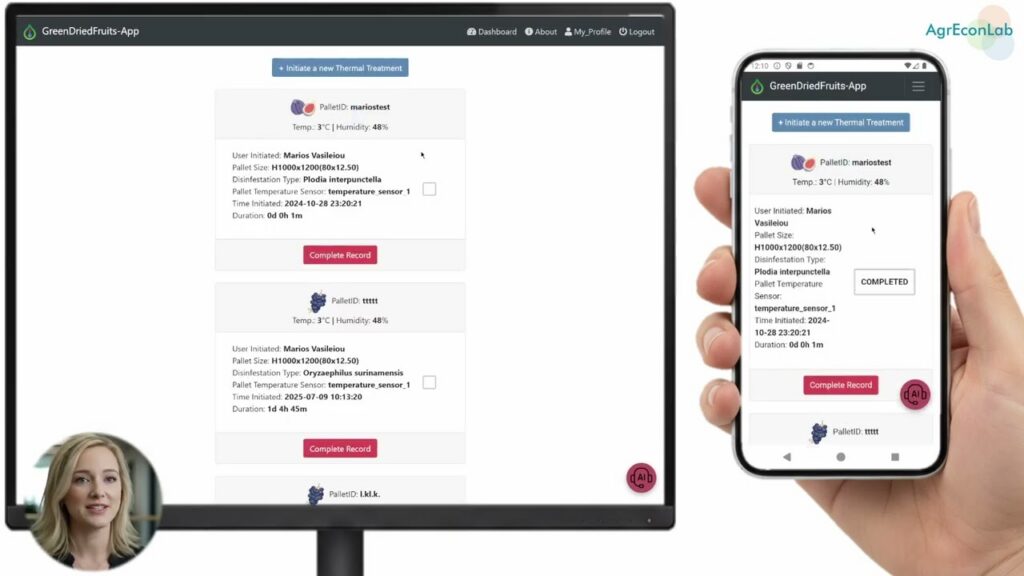 The GreenDriedFruits-App on desktop and mobile: active thermal treatments per pallet, sensor readings and the AI assistant button