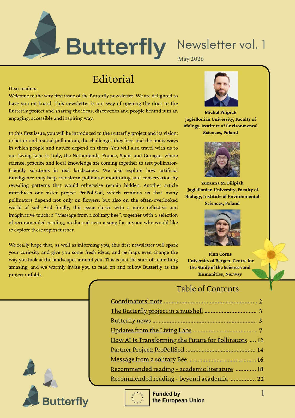 Cover page of the first BUTTERFLY newsletter, May 2026, with the editorial and the table of contents